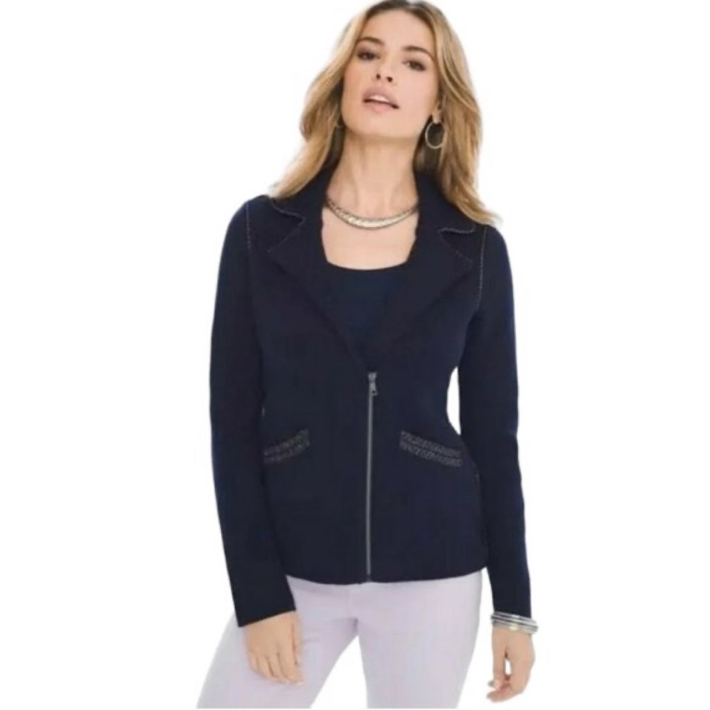 CHICO'S Double Knit Cardigan Jacket, Dark Blue Long Sleeve Zipper Pockets‎